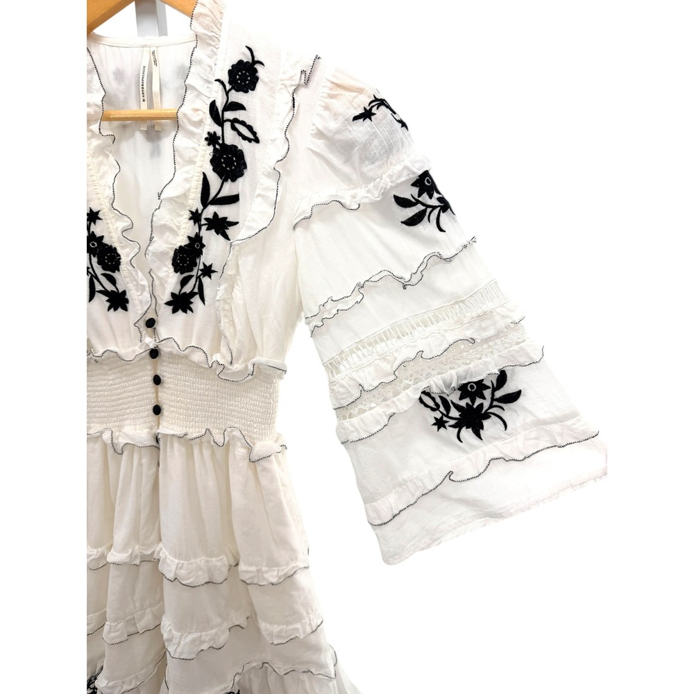 Anthropologie Embroidered V-Neck Ruffled Mini Dress White Black Floral XXS - Picture 5 of 10